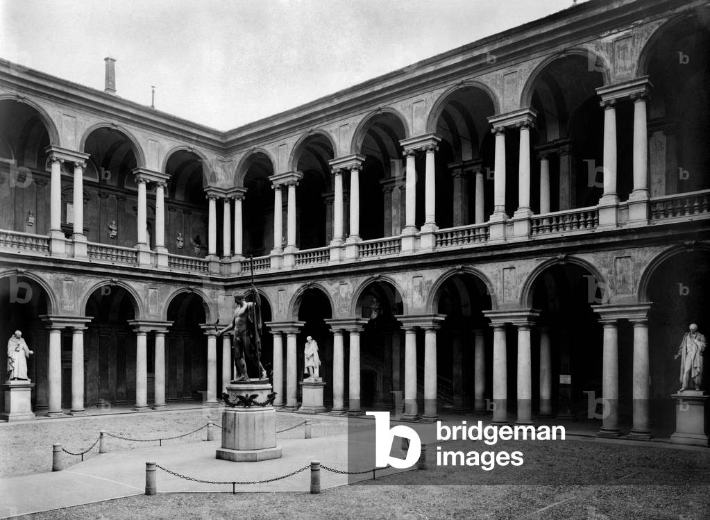 Italy, Milan, Courtyard of Honor of the Brera Palace of the First Half of the Seventeenth Century, Architect Francesco Maria Richini, 1910-20 (b/w photo)