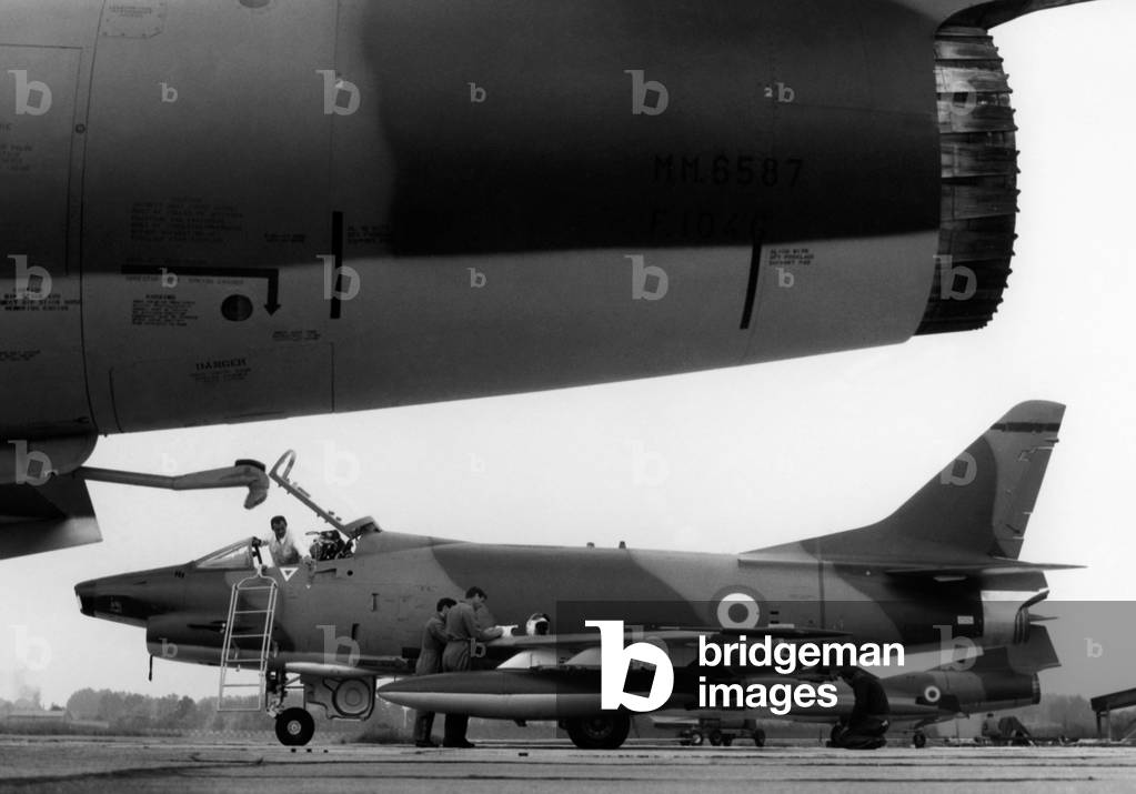 Fiat G.91 is an Italian jet fighter aircraft designed and built by Fiat Aviazione, 50s (b/w photo)