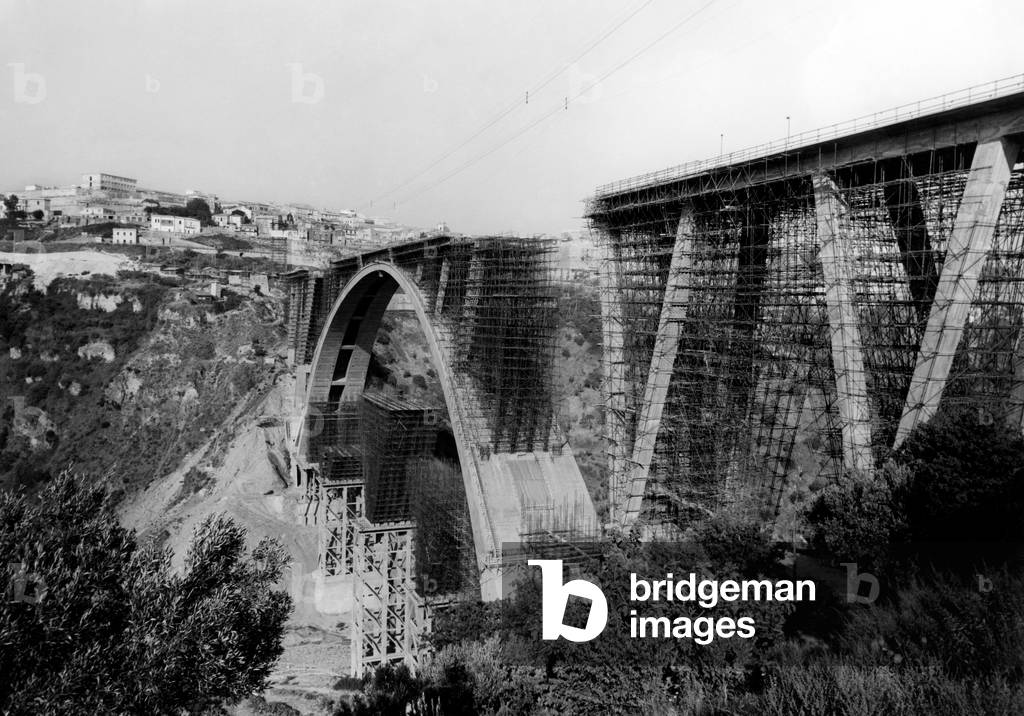 Bridge Under Construction Over the Fiumarella Stream, Catanzaro, Calabria, Italy, 1962 (b/w photo)