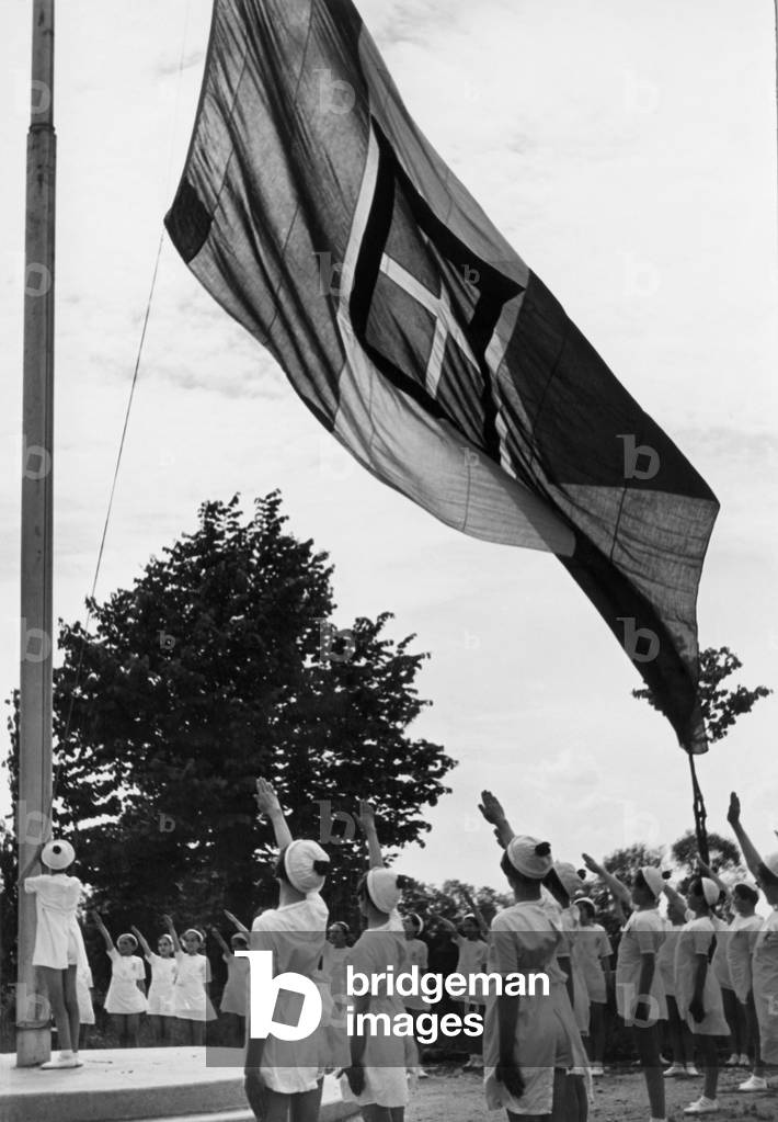 Colony, Flag-Raising, Turin, Piemonte, Italy, 1930 (b/w photo)
