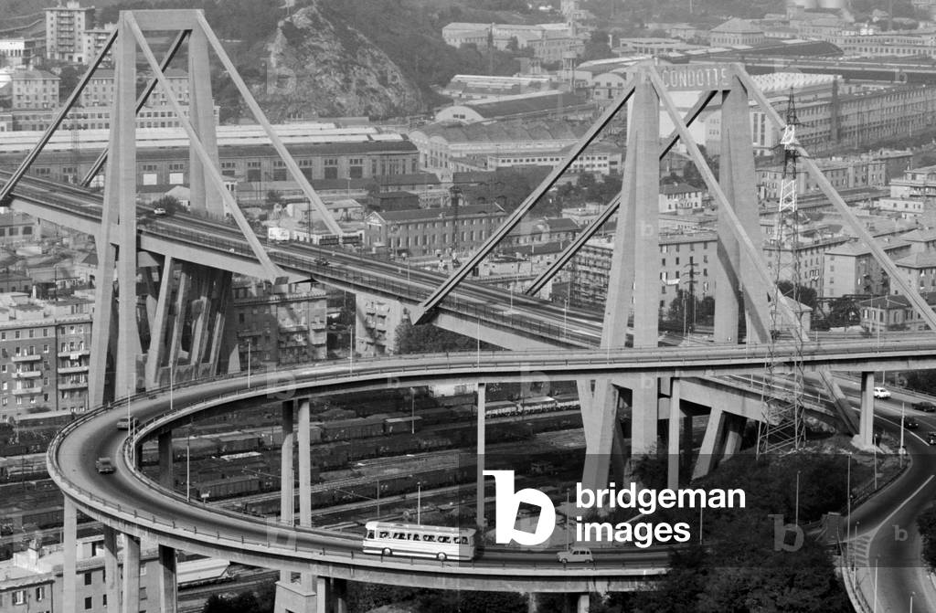 Italy, Liguria, Genoa, Viaduct on Polcevera, 1970-1980 (b/w photo)