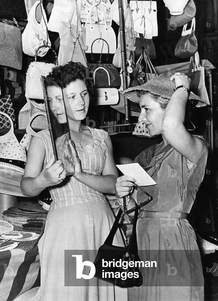 Tourist, Clothes Shop, Florence, Tuscany, Italy, 1959 (b/w photo)