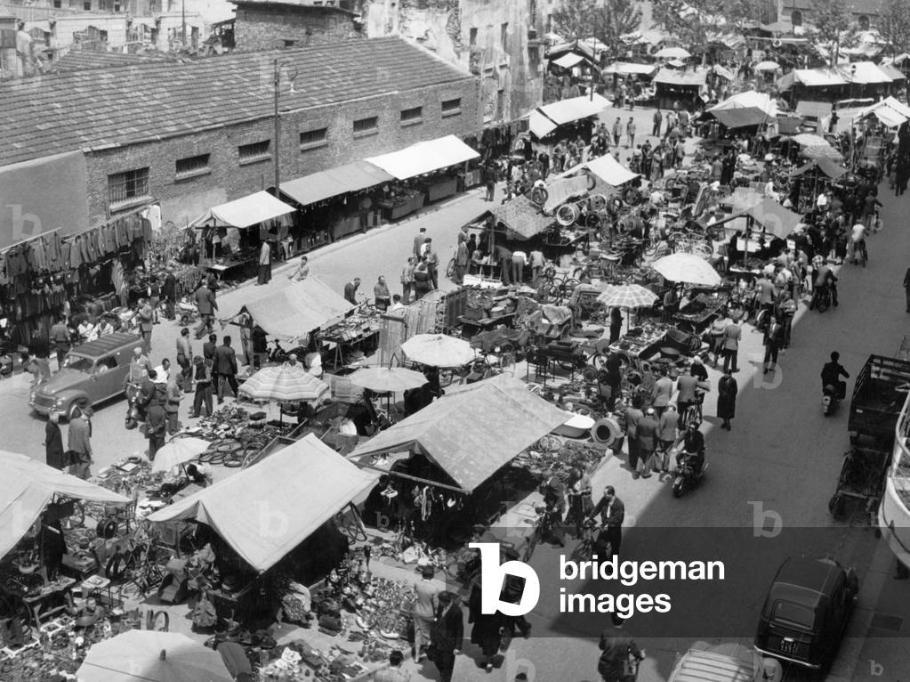 Italy, Lombardy, Milan, View of the Fair Senigallia, Via Calatafimi, 1955 (b/w photo)