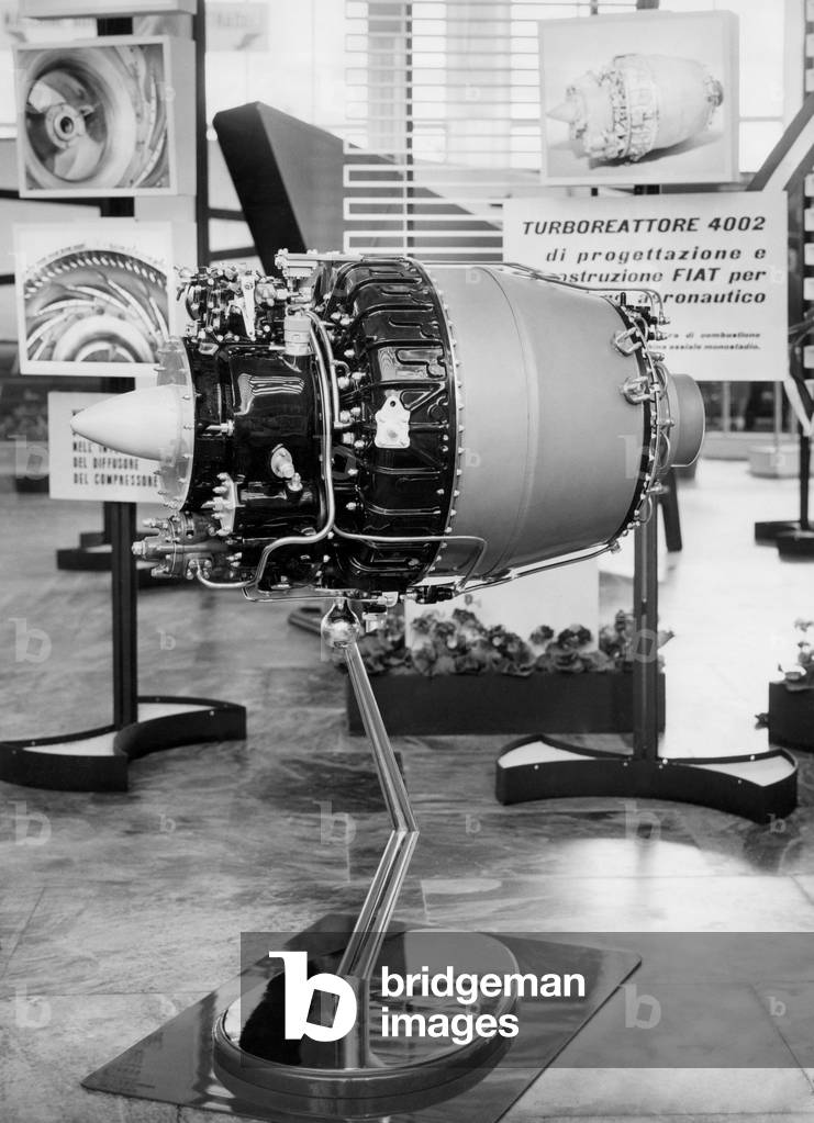 Turbojet 4002 Fiat, Fifth Exhibition of the Technique, Turin, Piemonte, Italy, 1955 (b/w photo)