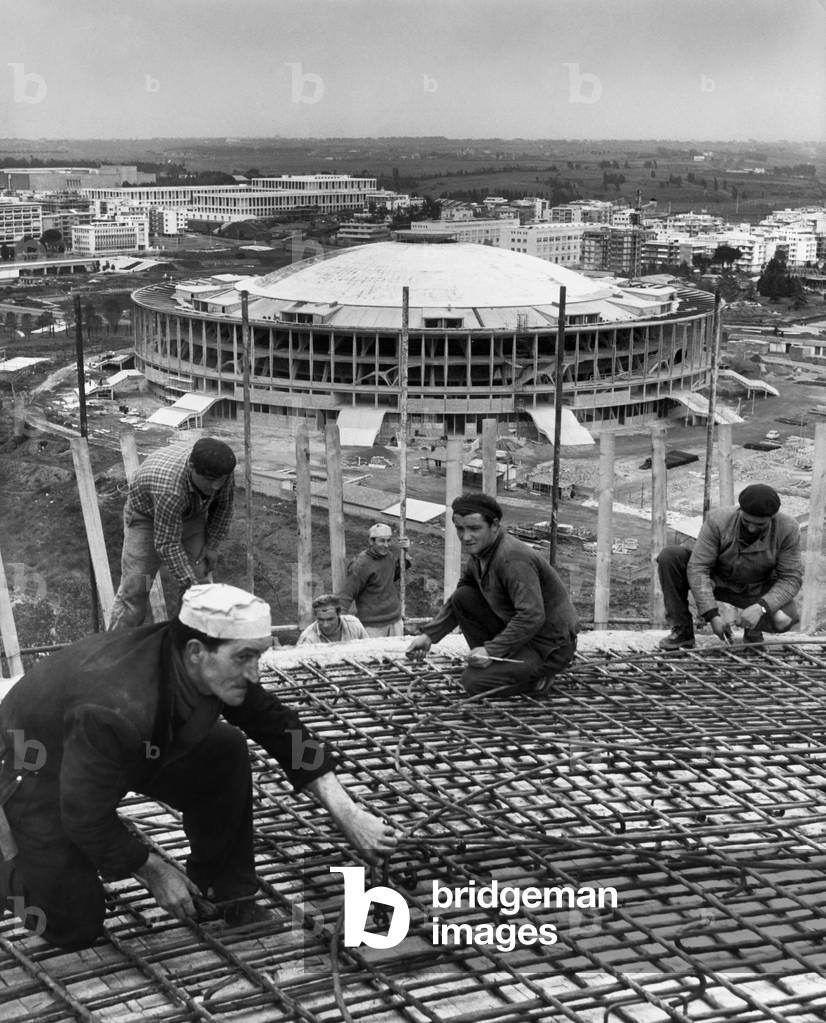 Italy, Lazio, Rome, construction of the Sports Palace for the 1960 Rome Olympics, 1959 (b/w photo)