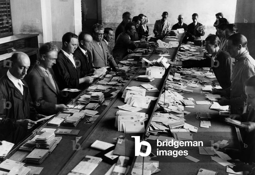 Mail sorting office, 1955 (b/w photo)