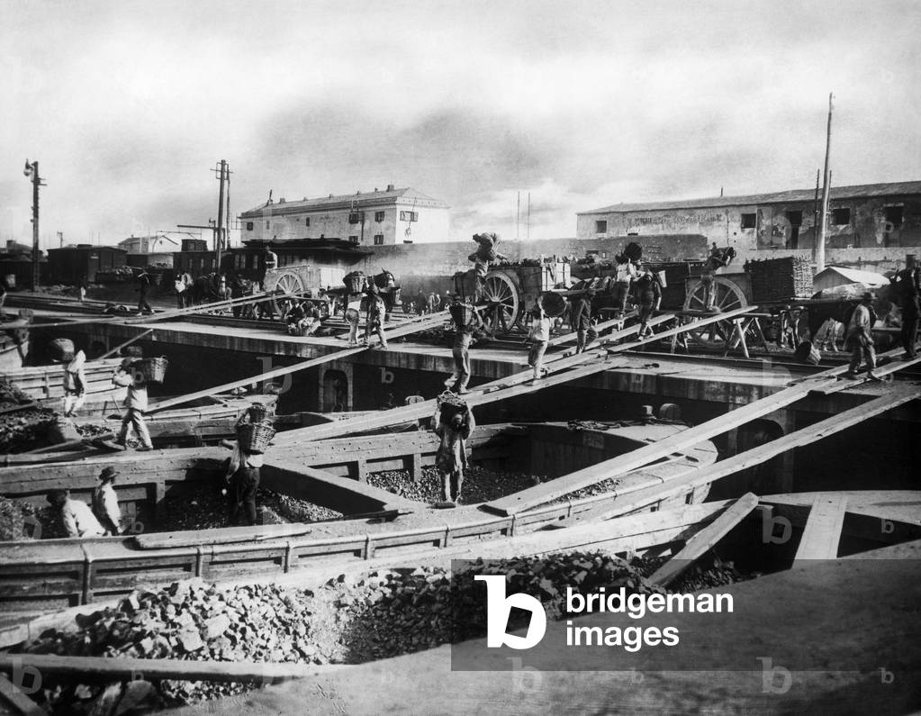 Loading of Coal at the Port, Genoa, Liguria, Italy, 1910 (b/w photo)