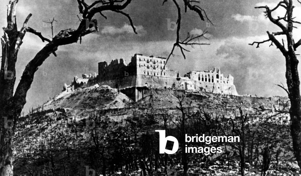 Montecassino Abbey After the Bombardment, 1944 (b/w photo)