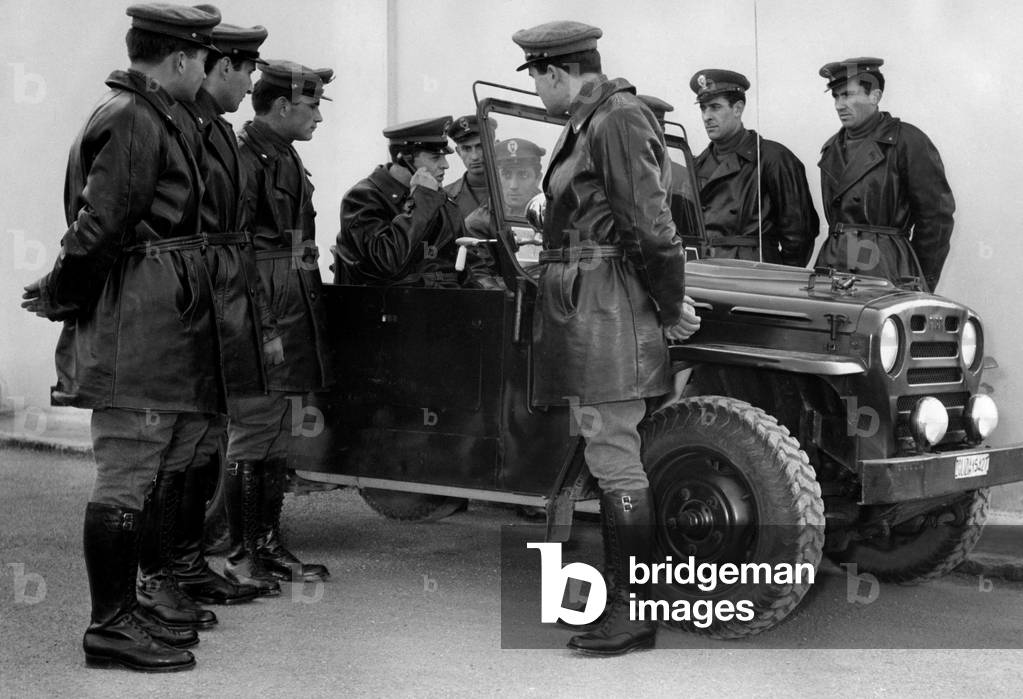 Motorway Police Wuth Radio Telephone, Italy 1957 (b/w photo)