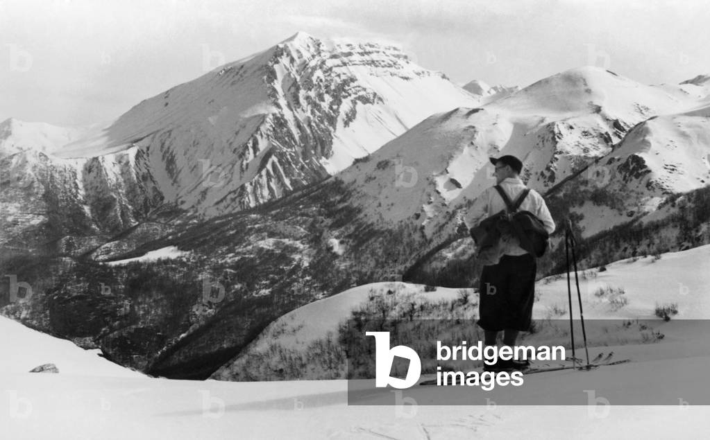 Skier on Gran Sasso, L'Aquila, Abruzzo, Italy, 1930 (b/w photo)