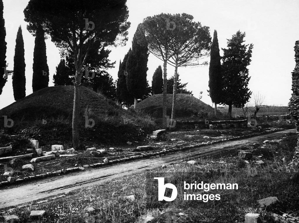 Mounds of the orazi and curiazi, via appia antica, albano laziale, 1910 (b/w photo)