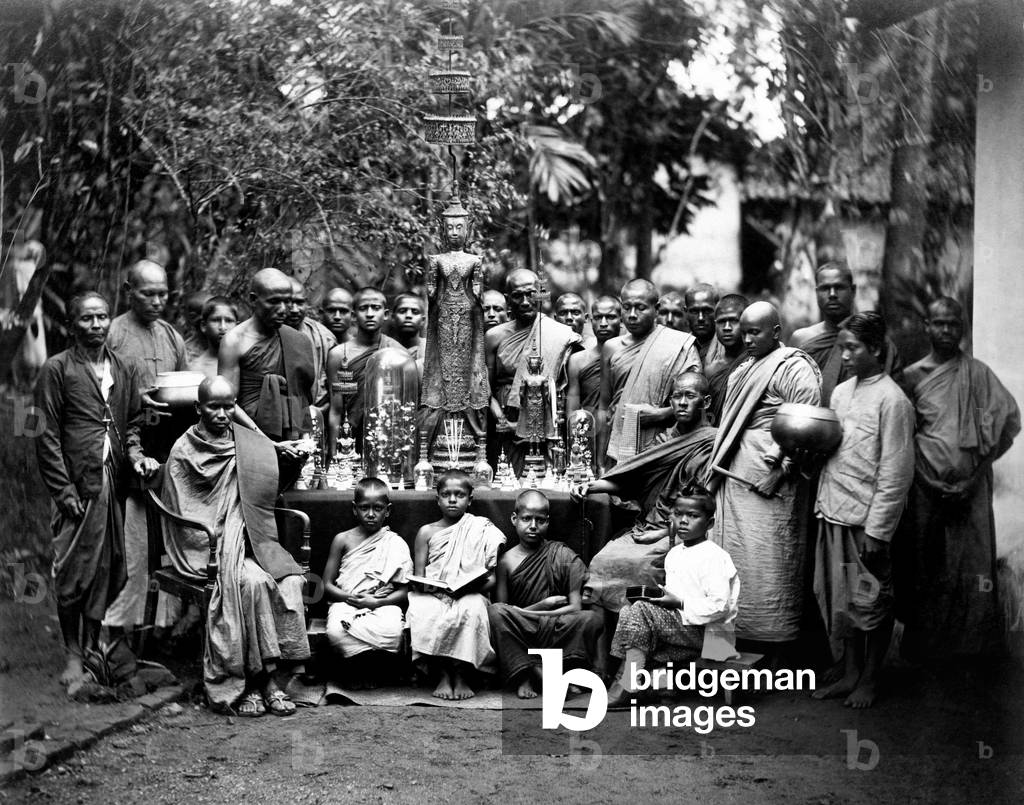 Asia, Sri Lanka, Kandy, Sinhalese Priests With Buddhist Idols, 1910 (b/w photo)