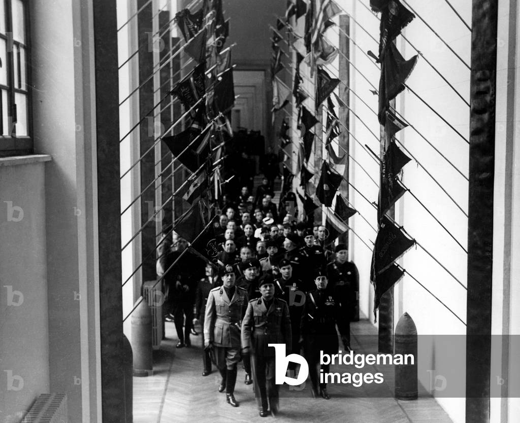 Mussolini at the Exhibition of the Fascist Revolution, 1932 (b/w photo)