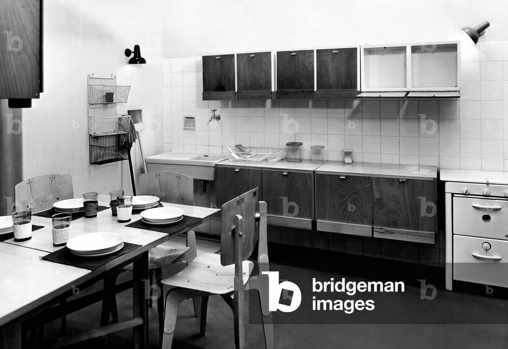 Exhibitions, Decima Triennale, Kitchen, 1954 (b/w photo)