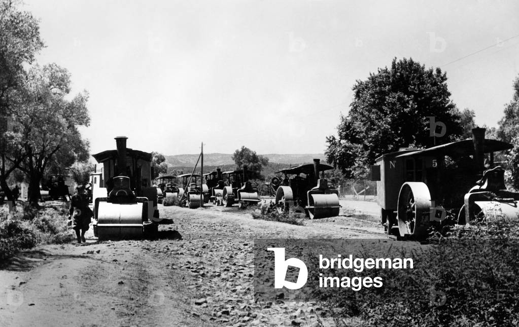 Construction of the road elbasan-libraschi-coriza, albania, 1940 (b/w photo)