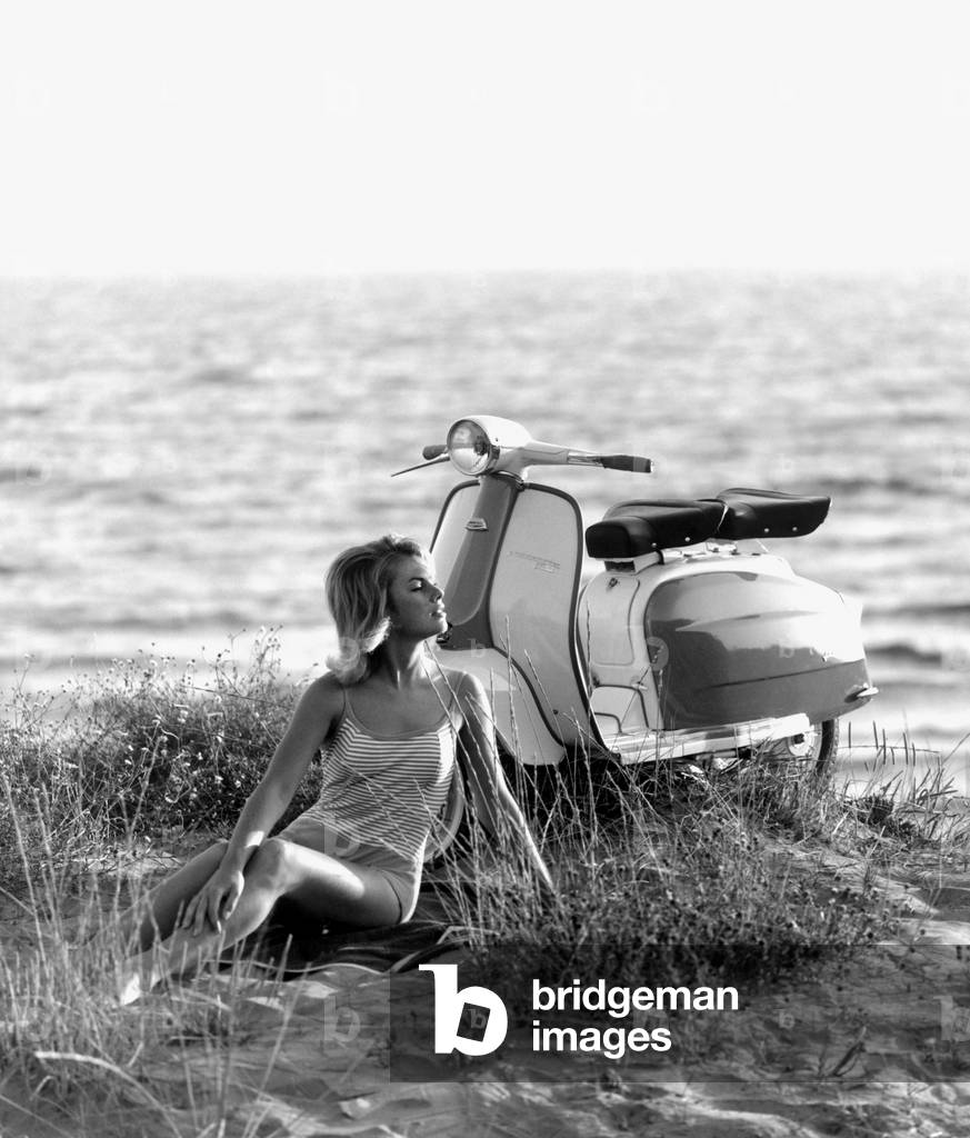 Girl at the Beach, Lambretta, Italy, 1965 (b/w photo)