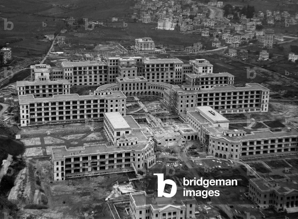 Italy, Rome, view of the Mussolini sanatorium under construction, now Forlanini hospital, 1930s (b/w photo)