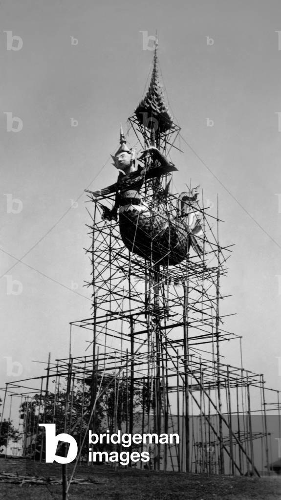 Asia, Burma, Scaffolding for the Construction of a Dragon Paper for a Party of Burma, 1953 (b/w photo)