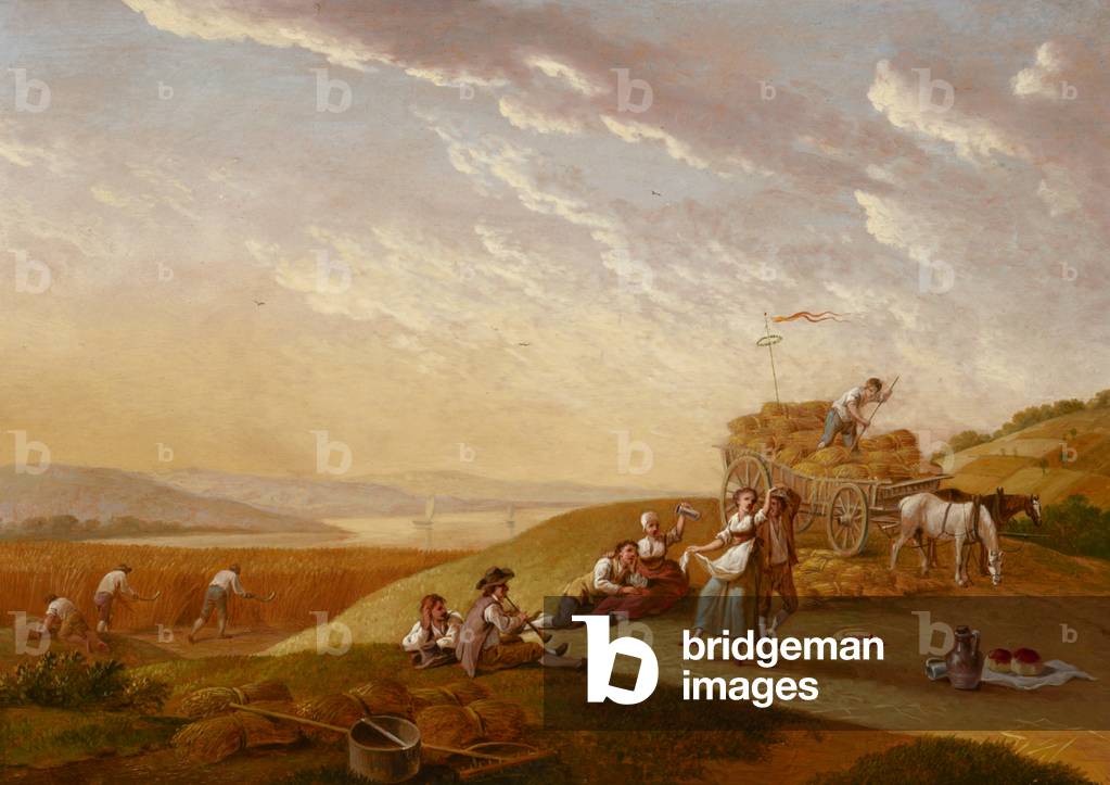 Landscape with harvest scene, c.1800 (oil on panel)