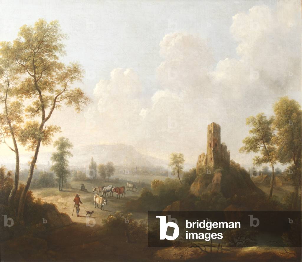 River Landscape with Ruined Tower and Herdsmen with Cattle