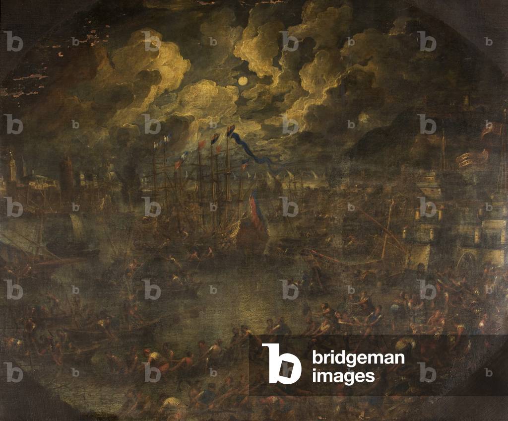 Harbour Scene by Moonlight with an Army of Fishermen