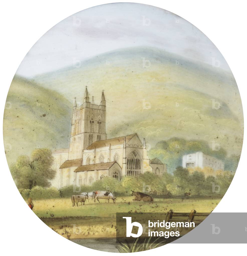 Great Malvern Priory with Cows and Stream in  the foreground