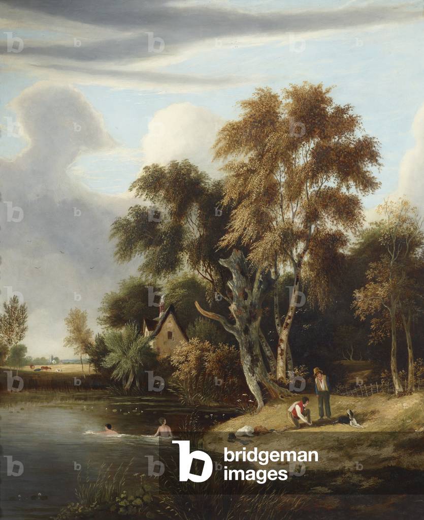 A Cottage by a Pond, with Figures swimming and on the Bank