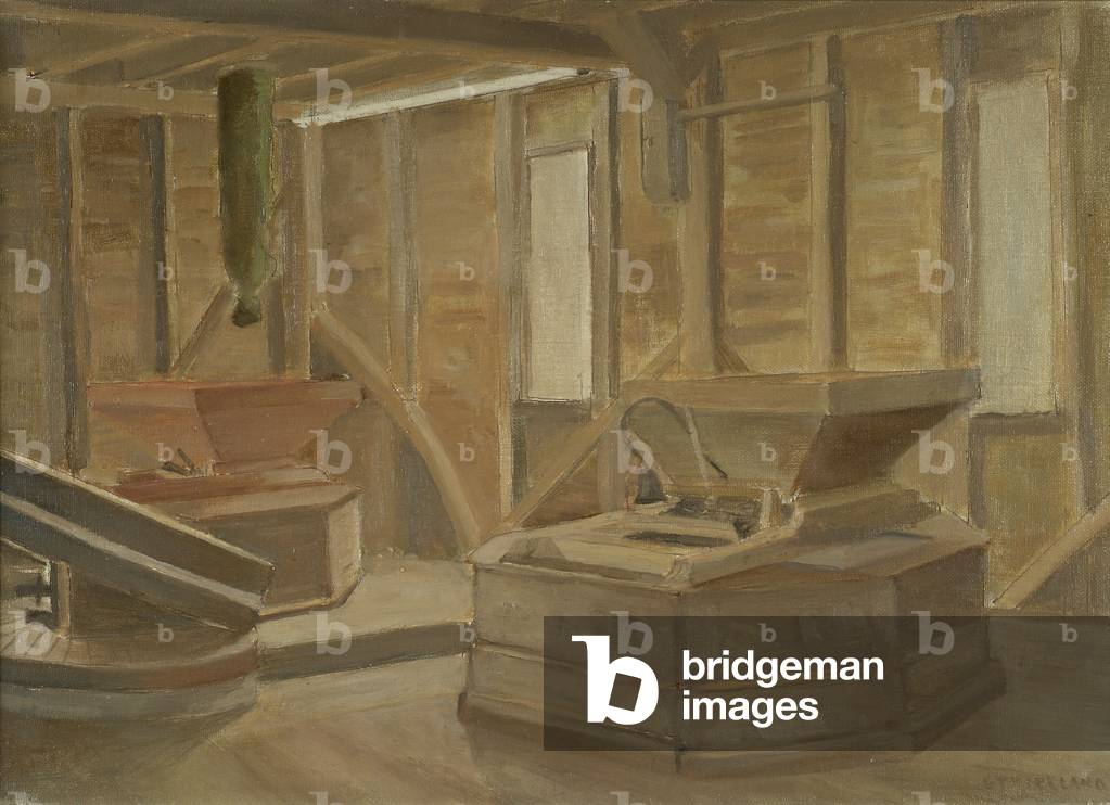 Interior View, Park Mill, Bateman's, East Sussex (hoppers) (oil on hardboard)