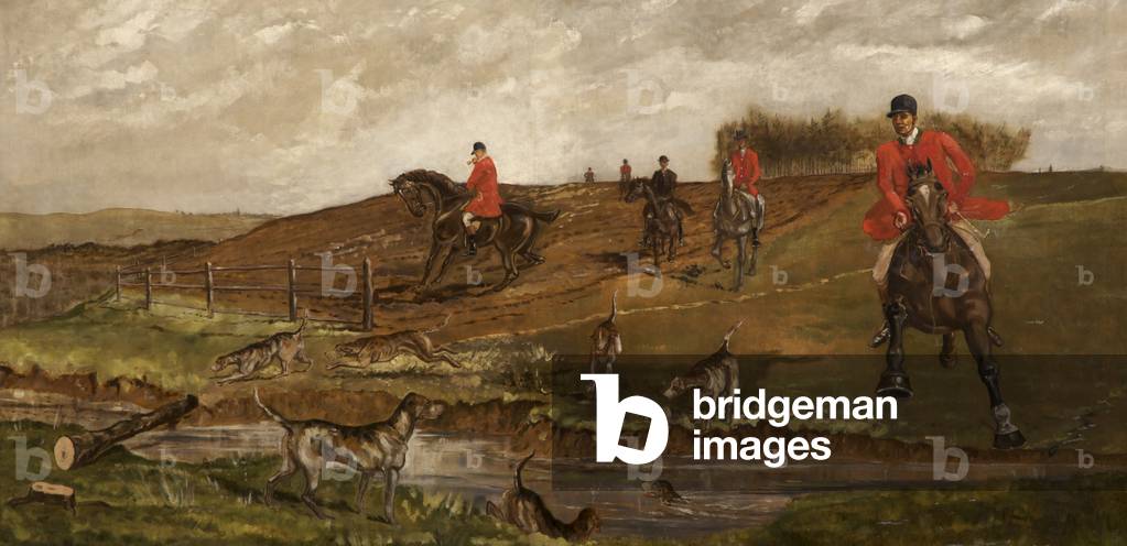 Huntsman and Hounds jumping a Stream (oil on canvas)