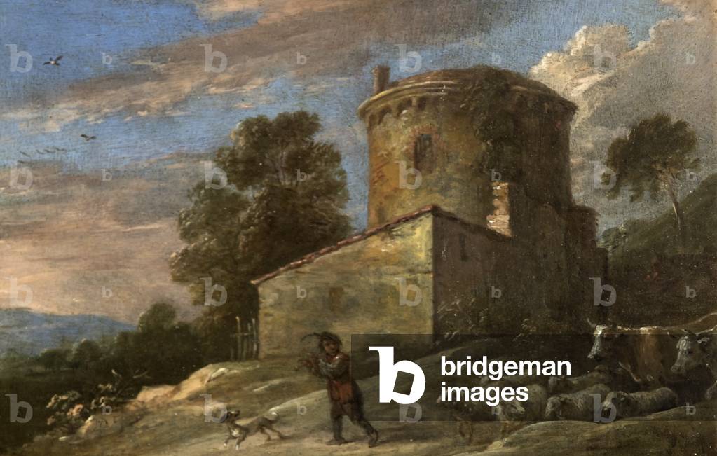 Italianate Landscape with Shepherd, his Flock and Two Cows