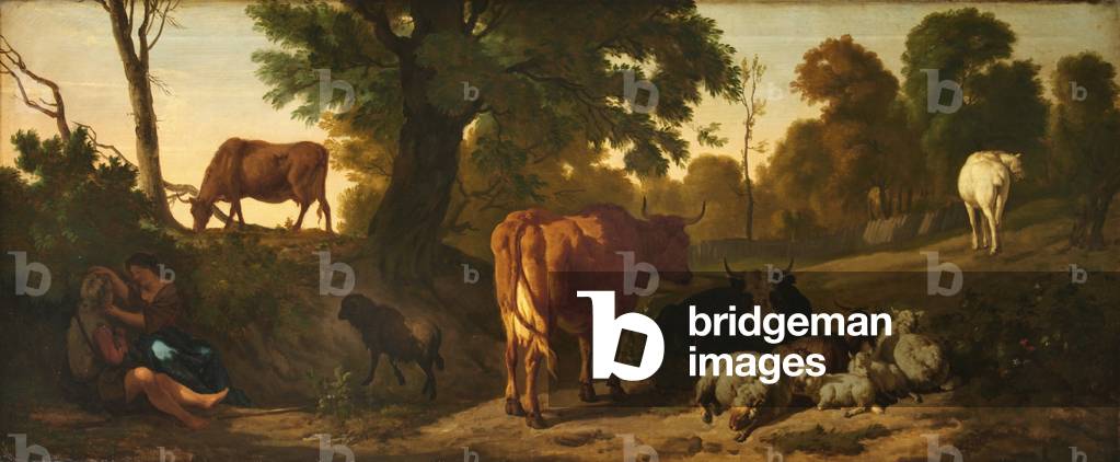 Landscape with Cattle, Sheep, a Horse, a Goat and a Courting Couple of Rustics