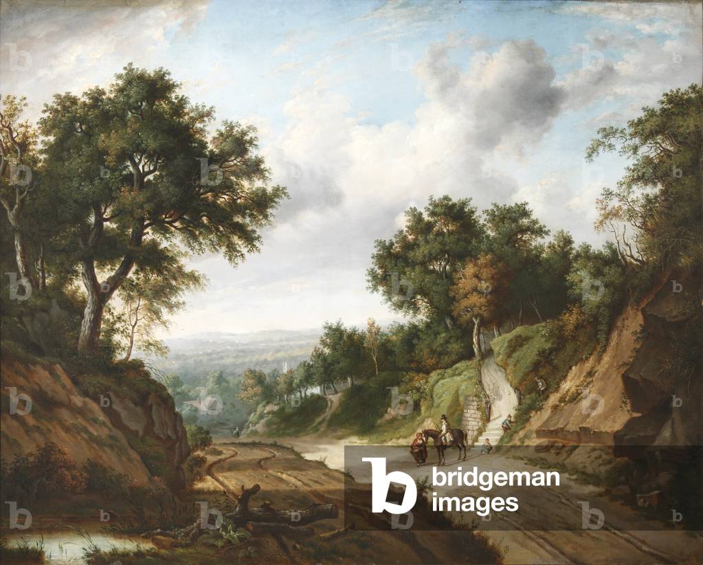 Landscape with Travellers on a Road through a Cutting with a Church Tower in the distance