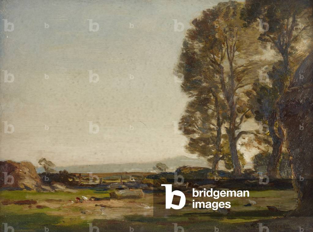 Flat Landscape with Trees and Haystack (oil on panel)