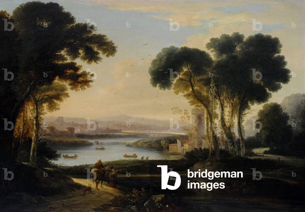 A Romantic River Landscape with Figures with Ships