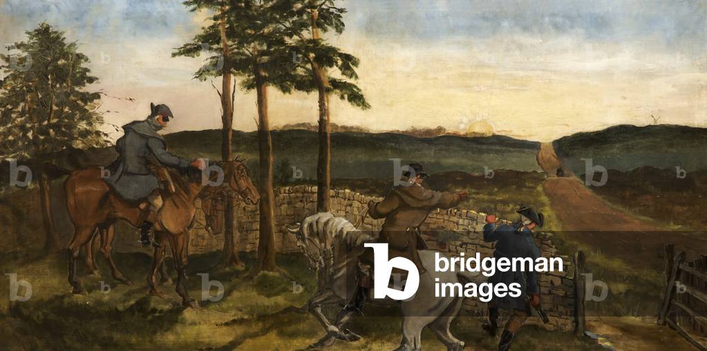 Mounted Highwaymen ambushing a Coach (oil on canvas)