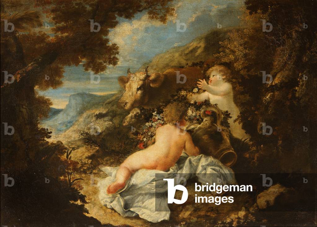Landscape with Putti with an Ox and an Urn with Flowers