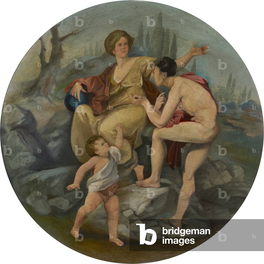 A Young Man (Oedipus) interrogating a Young Woman addressed by a Putto (oil on canvas)