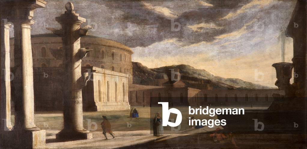 Architectural capriccio of Ancient Rome with figures: Vespasian's Amphitheatre with the Columna Rostrata