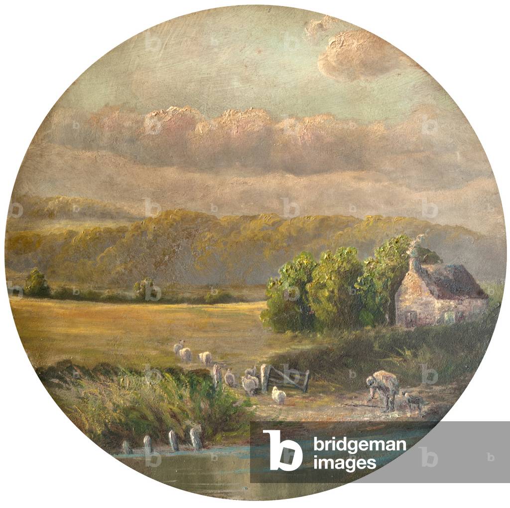 Landscape with a shepherd, his dog, his flock, and a cottage (oil on metal)