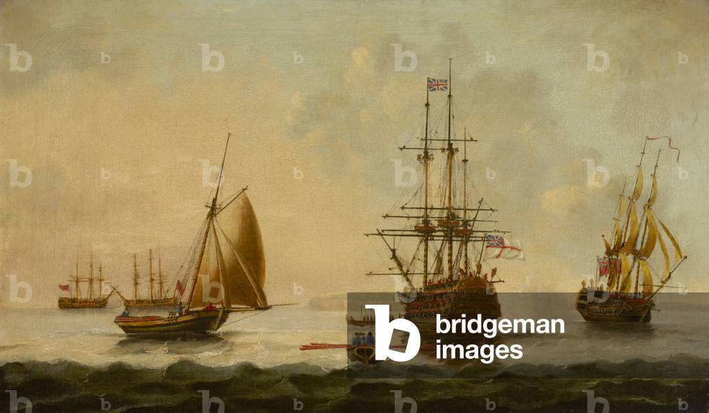 English Warships at Anchor with Boats approaching and a Salute being fired
