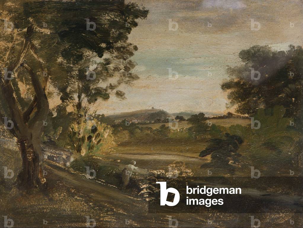 Landscape with road and figures in foreground (oil on paper)