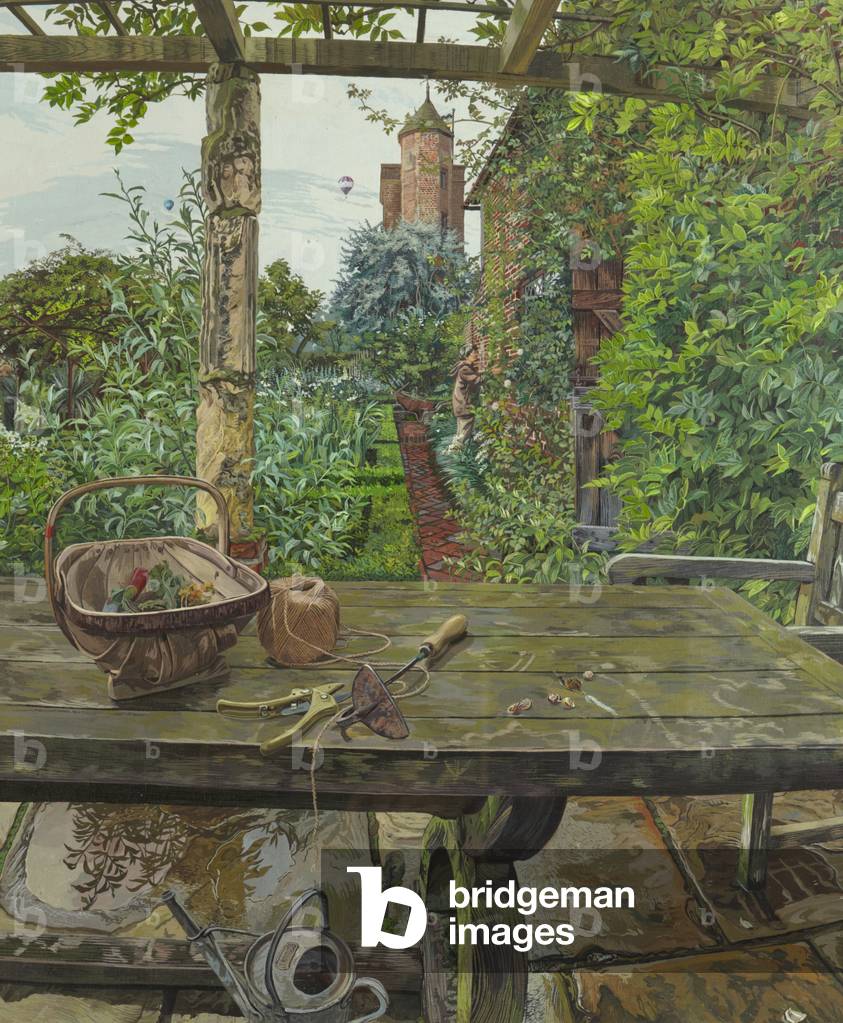 View of the Tower at Sissinghurst from the White Garden (acrylic & oil on panel)