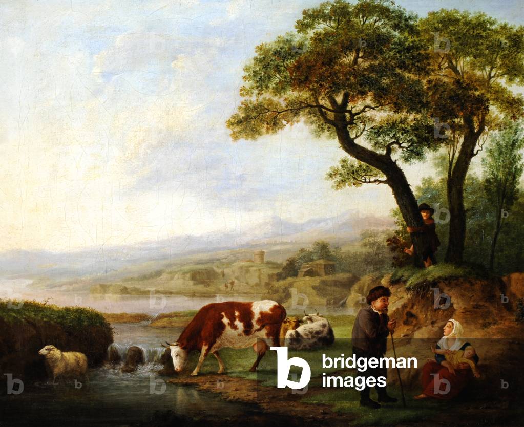 An Old Man conversing with a Seated Mother and Child in a River Landscape