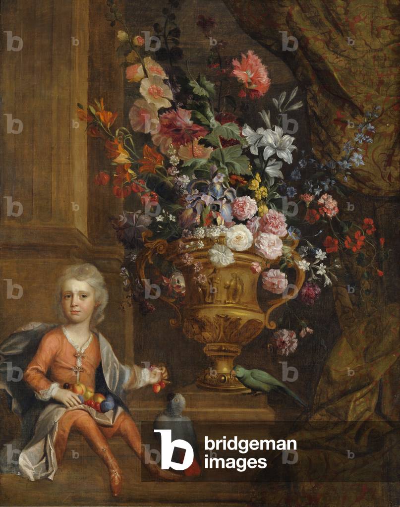 Flowers in an Urn, with a Boy feeding Cherries to Two Parrots