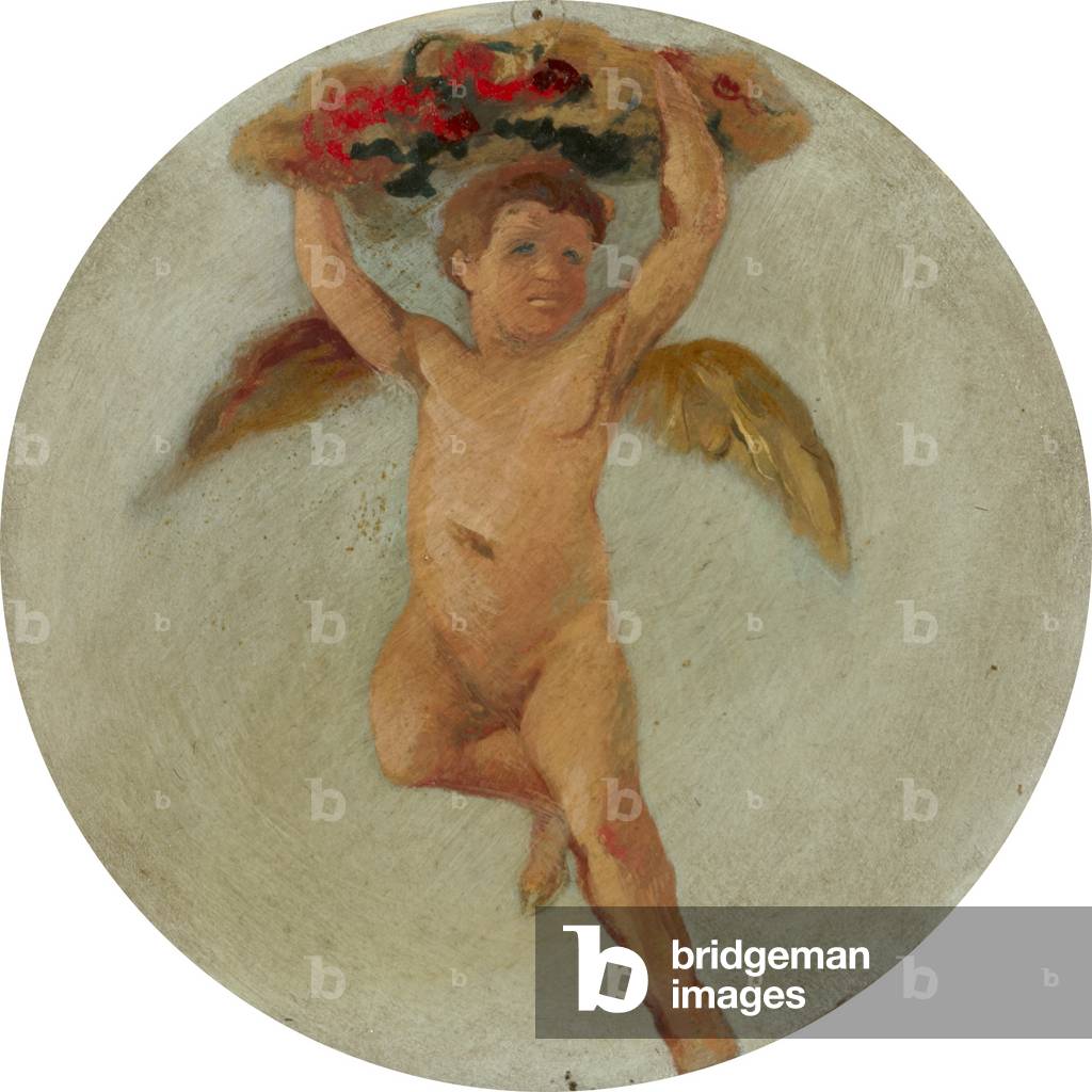 Putto flying and holding up Flowers above his Head, 1960s (oil on canvas)