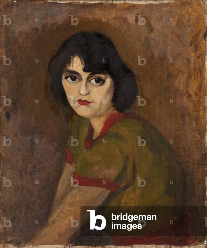 An Unknown Lady in a Green Dress with Red Trims (oil on canvas)