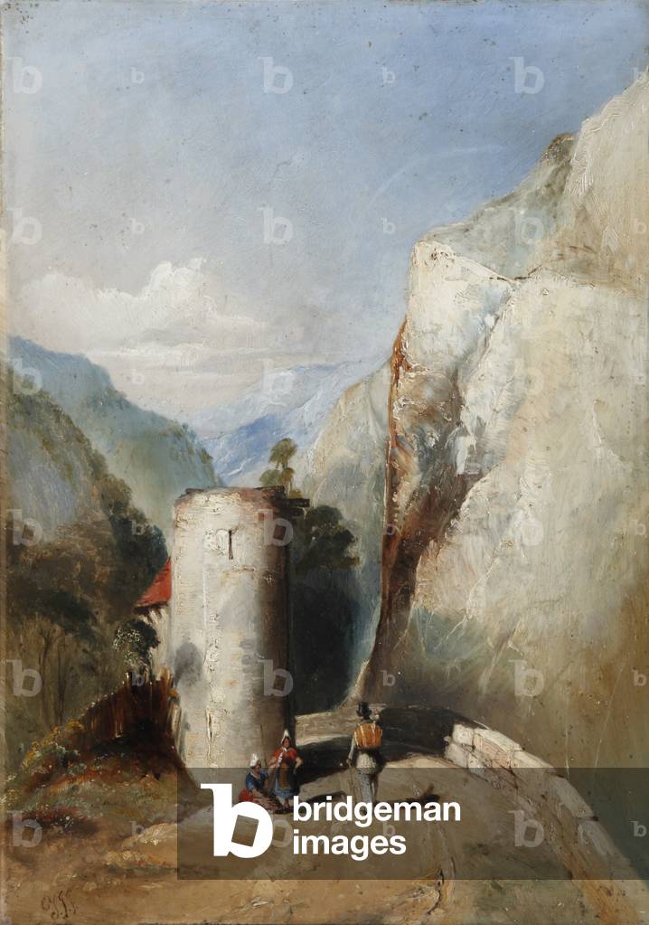 Castle Turret in Mountainous Terrain with Three Figures in the foreground