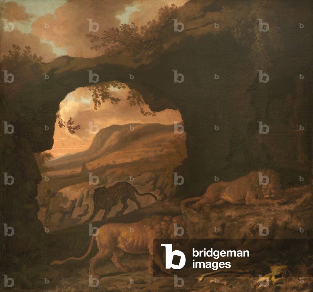 A Pair of Lions with a Leopard in a Cave
