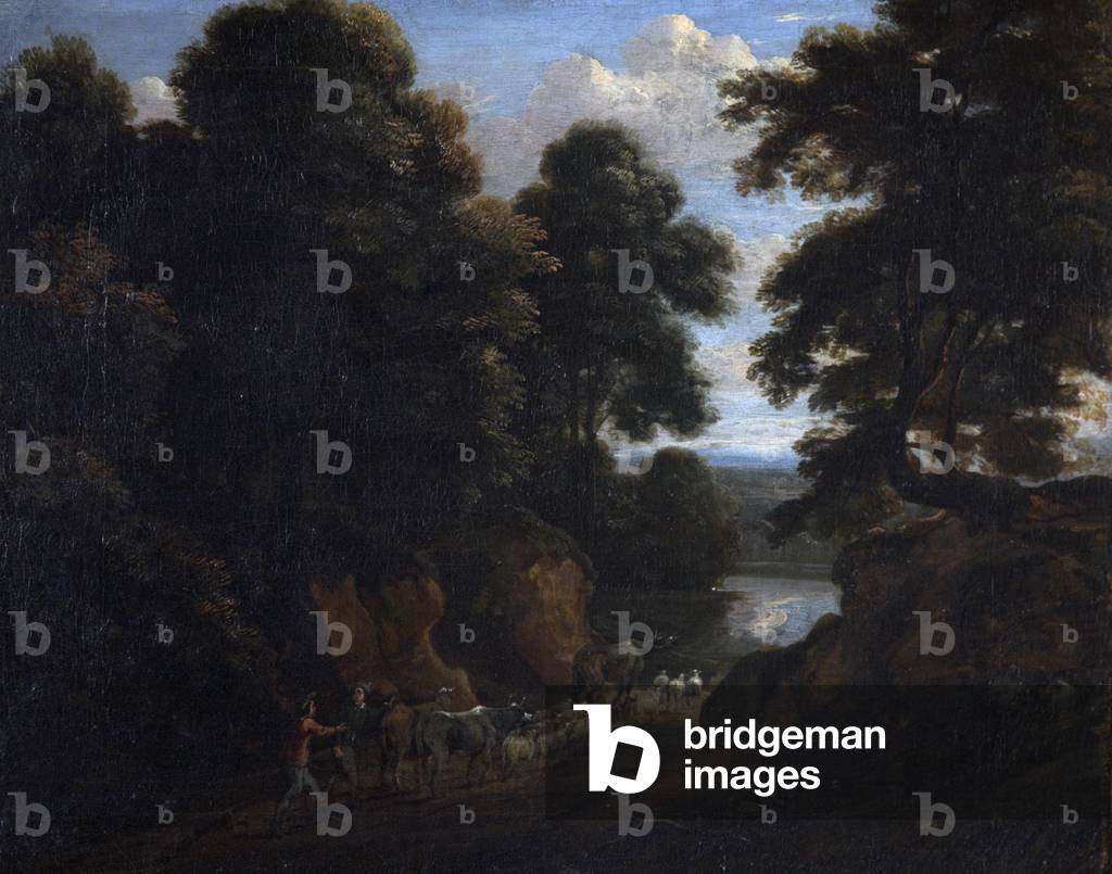 Wooded Landscape, with Peasants and Cattle on a Track