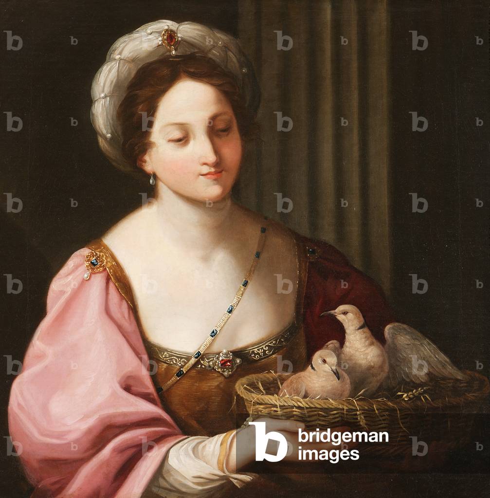 A Young Woman with a Basket of Doves (after Elizabeth Sirani, after Reni) (oil on canvas)